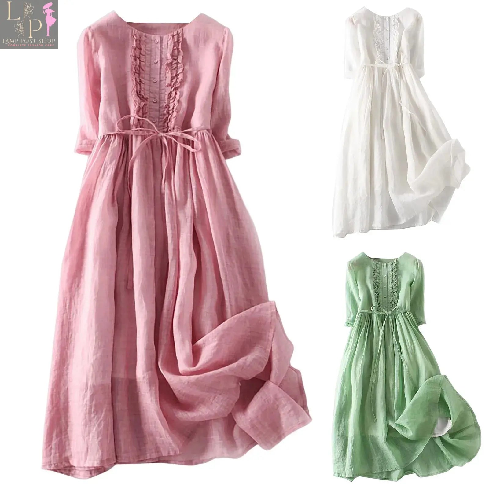 Pink Summer Dress for Women Casual Loose Shirt Dress New Short-sleeved Robe Vintage Cotton Linen Lamp Post